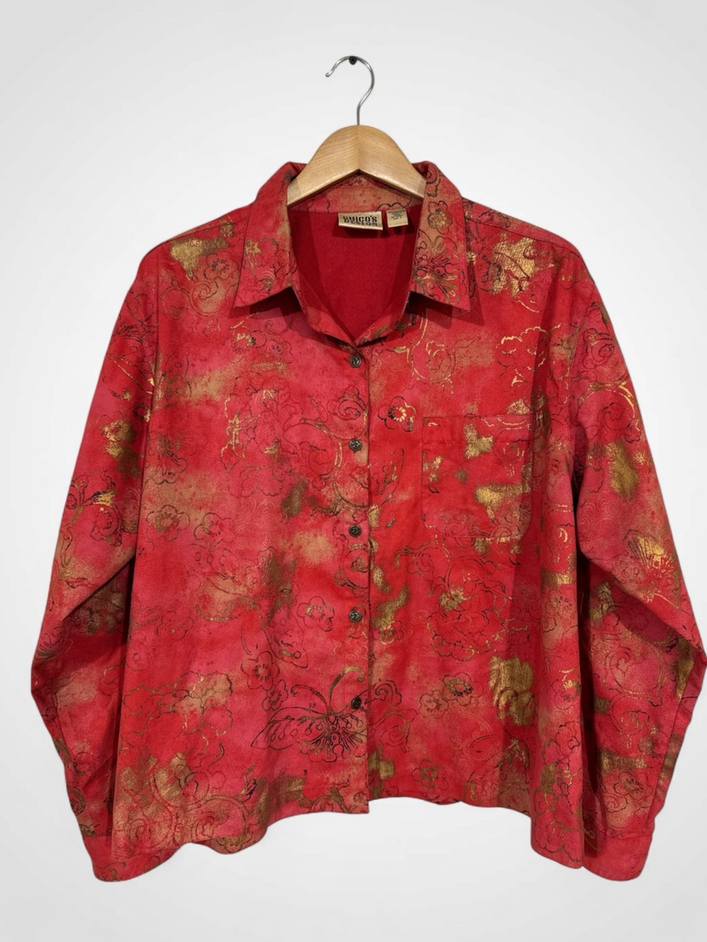 WSH94 {Chico's} Red Gold Floral Long Sleeve Button Down Top Shirt